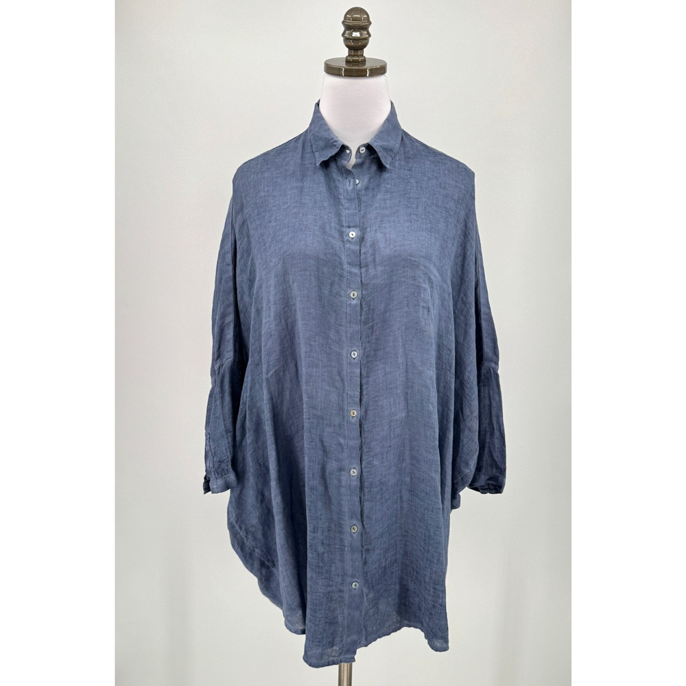 120% Lino Womens Blue Linen Oversized 3/4 Sleeve Button Top Sz S